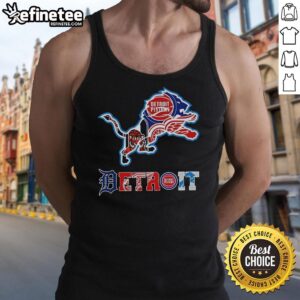 Collage of Detroit Lions NFL and Detroit sports team logos on a stylish tank top design for fans.