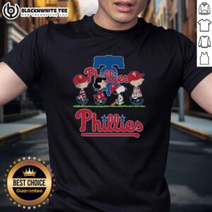 Alt Text: Cute Snoopy, Charlie Brown, Linus, and Lucy in Philadelphia Phillies baseball t-shirts, ready for game day fun.