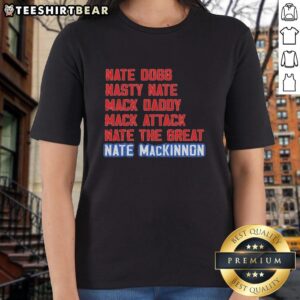 Stylish ladies' tee featuring popular nicknames for Nathan MacKinnon: Nice Nate, Nate Dogg, Nasty Nate, and Mack Daddy.
