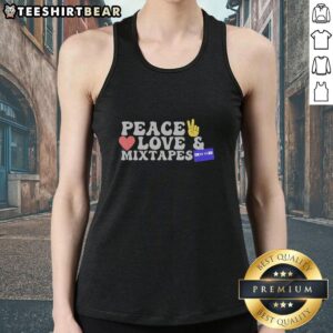 Retro tank top featuring 'Peace, Love, and Mixtapes' cassette design for vintage music lovers.