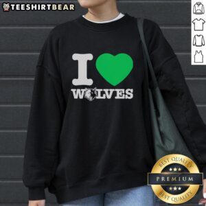 Alt Text: Original Minnesota Timberwolves I Heart Wolves sweatshirt featuring team colors and logo for fans and supporters.