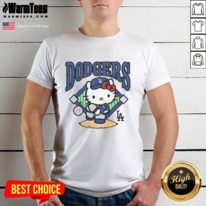 Alt Text: Hello Kitty X Los Angeles Dodgers pitch t-shirt featuring a playful design perfect for baseball fans and collectors.