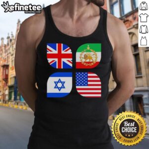 Premium Union Jack, Iran, Israel, and USA flag tank top showcasing a unique design for patriotic fashion enthusiasts.