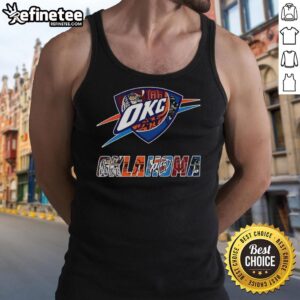 Collage of Oklahoma City Thunder NBA logo and Oklahoma sports teams on a tank top design, perfect for fans.