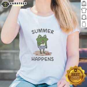 Frog enjoying an ice cream cone on a sunny day, featured on a ladies' tee - Nice Summer Happens collection.