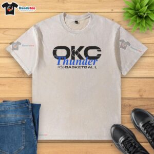 Alt Text: Pretty Oklahoma City Thunder 2026 Playoffs basketball logo on a washed t-shirt, perfect for fans and collectors.