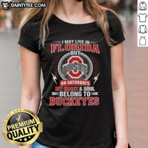 Ohio State Buckeyes ladies tee, showing pride for Ohio State while living in Florida, perfect for game day.
