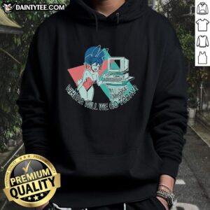 Official Mega64 Anime Hoodie featuring 'Where Will We Go Today?' design, perfect for anime fans and streetwear enthusiasts.