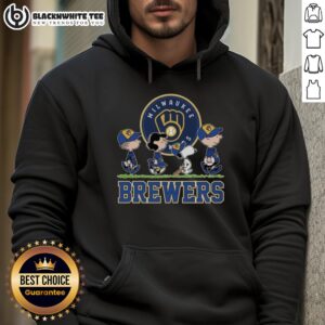 Snoopy, Charlie Brown, Linus, and Lucy in Milwaukee Brewers baseball jerseys and hoodies, celebrating together.