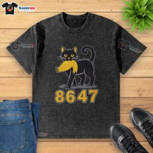 Nice black cat graphic on an anti-Trump washed t-shirt, perfect for cat lovers and political statement fashion.
