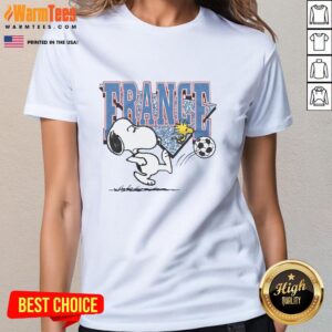 Adorable Cute Peanuts Snoopy X France soccer ladies tee featuring Snoopy in a soccer outfit, perfect for fans and fashion.