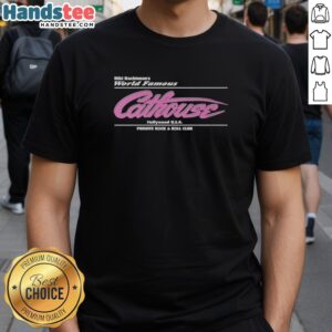 Alt Text: Premium Riki Rachtman's World Famous Cathouse Hollywood USA T-Shirt featuring a rock and roll club design.