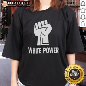Pretty white power raised fist ladies tee showcasing a strong feminist message on a stylish shirt.