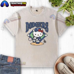 Good Hello Kitty x Los Angeles Dodgers pitch washed t-shirt featuring a playful design combining sports and cuteness.
