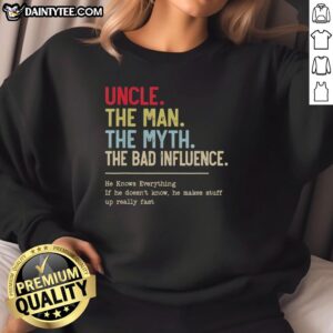 Vintage 'Nice Uncle: The Man, The Myth, The Bad Influence' sweatshirt, showcasing playful design and retro style.