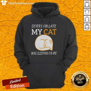 Hot Sorry I'm Late My Cat Was Sleeping On Me Hoodie featuring a playful cat graphic and cozy design.