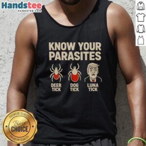 Official Know Your Parasites tank top featuring deer tick, dog tick, and Luna tick illustrations in a retro design.