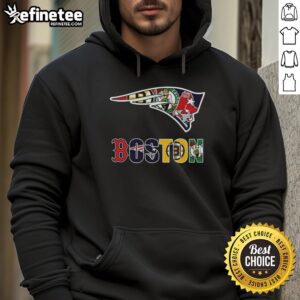 Collage of New England Patriots NFL and Boston sports teams logos on a stylish hoodie design.