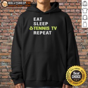 Alt Text: Stylish hoodie featuring Eat Sleep Tennis TV Repeat logo, perfect for sports viewers and tennis enthusiasts.