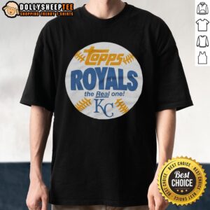 Alt Text: Premium Kansas City Royals MLB x Topps Baseball The Real One T-shirt featuring team logo and stylish design.
