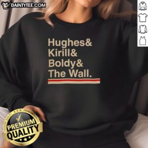 Official Minnesota Hockey sweatshirt featuring Hughes and Kirill Boldy, showcasing The Wall design for fans.