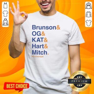 Alt Text: New York Knicks NBA The Lineup T-Shirt featuring Brunson, OG, Kat, Hart, and Mitch player names.