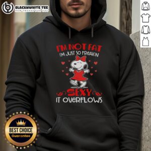 Good Snoopy in a red outfit wearing a hoodie with 'I'm not fat, I'm just so freakin' sexy' slogan - playful and stylish.