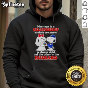 Funny marriage joke hoodie featuring Snoopy: 'One person is always right, the other is the husband' for couples.