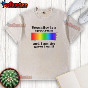 Gayest on the spectrum washed t-shirt featuring colorful text design celebrating LGBTQ+ pride and sexuality diversity.