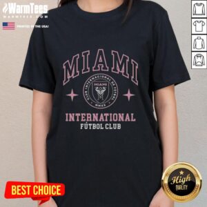 Alt Text: Pretty Inter Miami International CF team emblem ladies tee featuring vibrant colors and stylish design for fans.