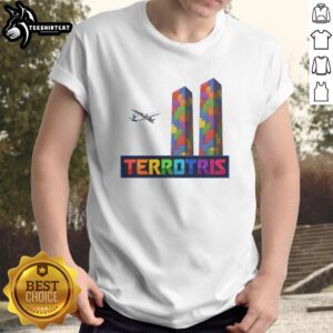 Nice Terrotris Terror Tetris Block T-Shirt featuring colorful pixelated Tetris blocks on a stylish black background.