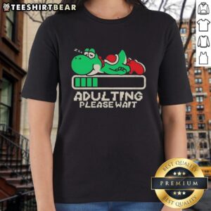 Premium Yoshi Adulting Please Wait Ladies Tee featuring vibrant Yoshi design, perfect for gamers and stylish casual wear.