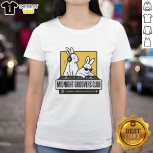 Alt Text: Good DJ Bunny's Midnight Groovers Club Ladies Tee featuring vibrant design for global groove enthusiasts.