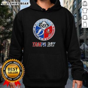Alt Text: Mashup hoodie featuring logos of Tampa Bay Rays, Lightning, and Buccaneers for fans of Tampa Bay sports teams.