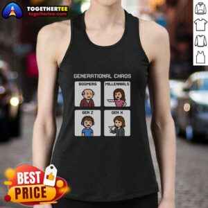 Pretty Generational Chaos tank top featuring Boomers, Millennials, Gen Z, and Gen X in a colorful design.