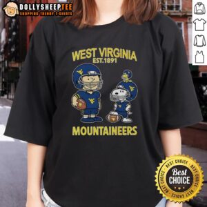 Nice Charlie Brown and Snoopy West Virginia Mountaineers NCAA Football ladies tee, celebrating team spirit since 1891.