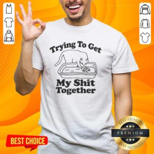 Nice cat wearing a 'Trying To Get My Shit Together' T-shirt, showcasing a humorous and relatable pet fashion.