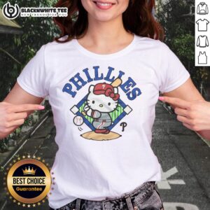 Alt Text: Cute Hello Kitty X Philadelphia Phillies Swing Ladies Tee featuring a playful design, perfect for baseball fans.