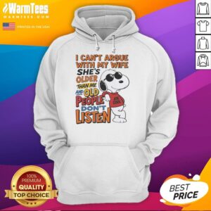 Retired husband wearing 'I Can't Argue With My Wife' hoodie, humorously showcasing age differences in marriage.