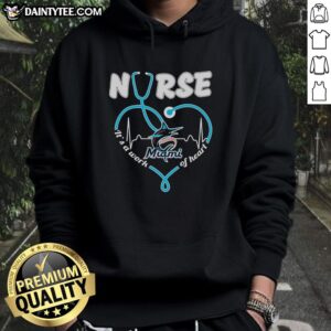 Alt Text: Official Miami Marlins Nurse hoodie featuring a stethoscope shaped heart design, perfect for healthcare fans.