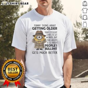 Funny 'Top Spy Minion' T-shirt design about aging and eyesight, perfect for fans of humor and Minions merchandise.