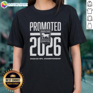 Pretty Ipswich Town FC promoted 2026 EFL Championship ladies tee featuring vibrant team colors and logo design.