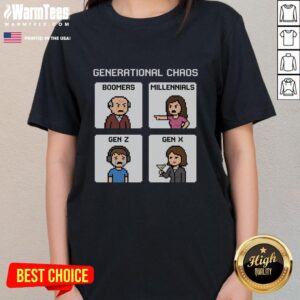 Good Generational Chaos tee featuring Boomers, Millennials, Gen Z, and Gen X, perfect for casual style and generational pride.