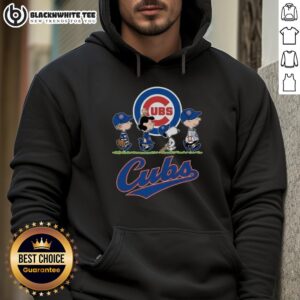 Alt Text: Cute Snoopy, Charlie Brown, Linus, and Lucy wearing Chicago Cubs baseball jerseys and hoodies, showcasing team spirit.