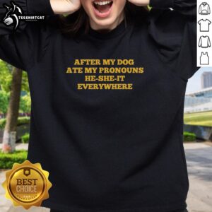 Good After My Dog Ate My Pronoun He She It Everywhere Sweatshirt in a cozy setting, showcasing humorous pet-themed design.