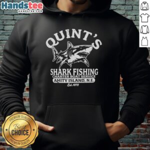 Alt Text: Premium Quints Shark Fishing Charter Boat Service hoodie featuring Great White Shark design, established 1975, Amity Island.