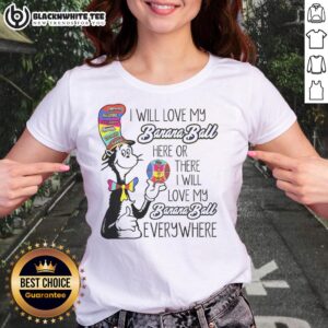 Funny Cat in the Hat ladies tee featuring 'I Will Love My Banana Ball Here or There' design for cat lovers.