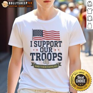 Alt Text: Awesome I Support Our Troops And Their Families t-shirt featuring an American flag design, perfect for patriots.