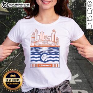 Nice FC Cincinnati city skyline stadium with river, featuring retro logo on a ladies tee.