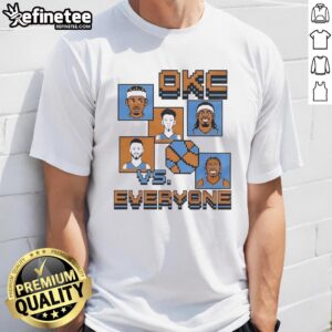 Alt Text: Premium Oklahoma City Thunder 8 Bit T-Shirt featuring 'OKC Vs Everyone' design, perfect for fans and gamers.
